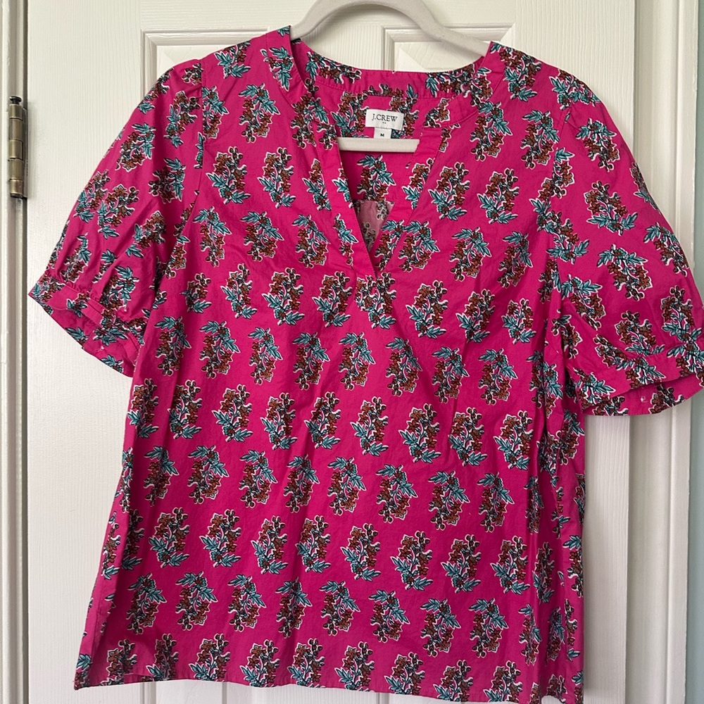 J. Crew Fuchsia Floral V-Neck Short Sleeve Blouse